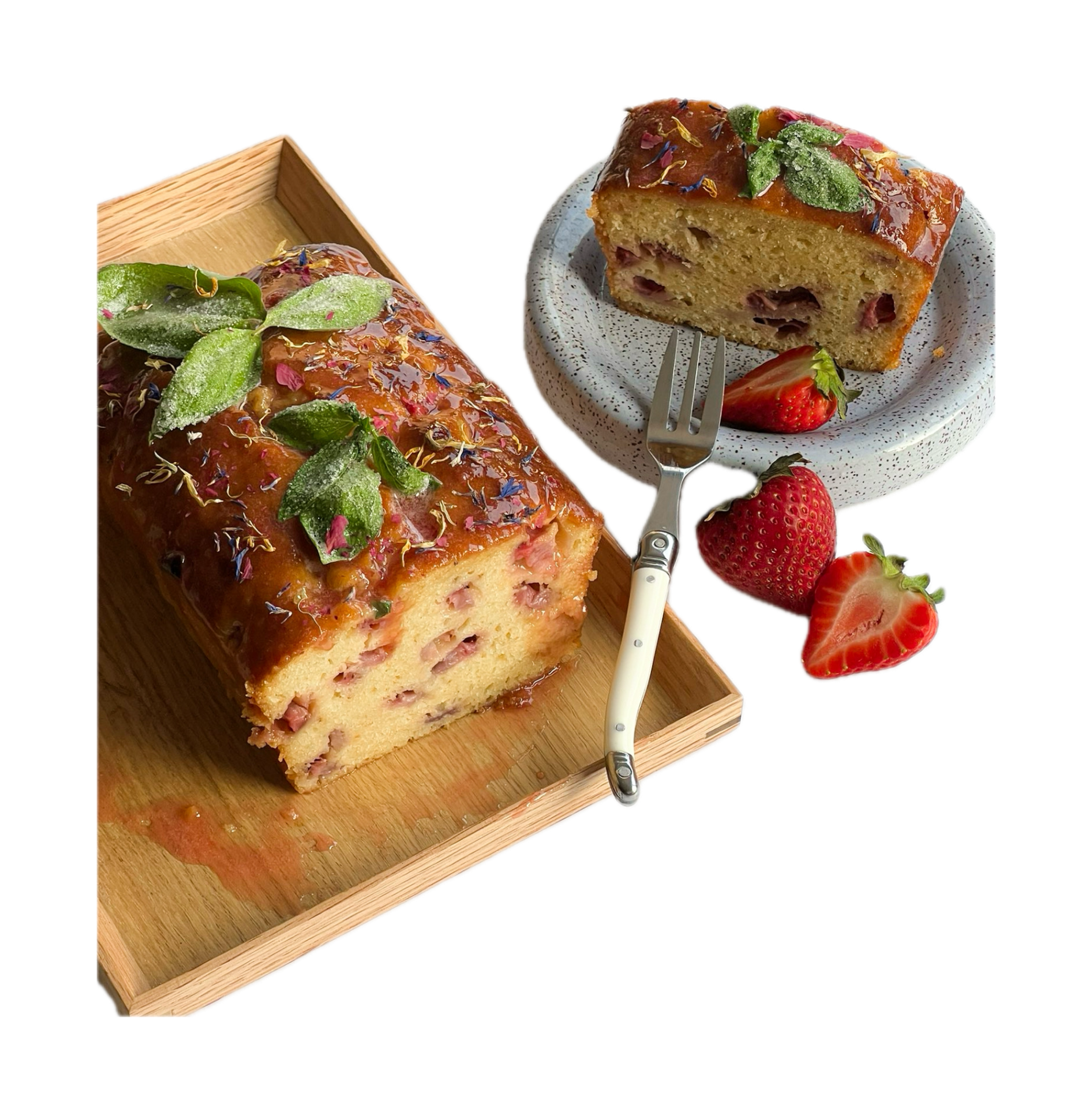 glazed strawberry loaf with candied basil