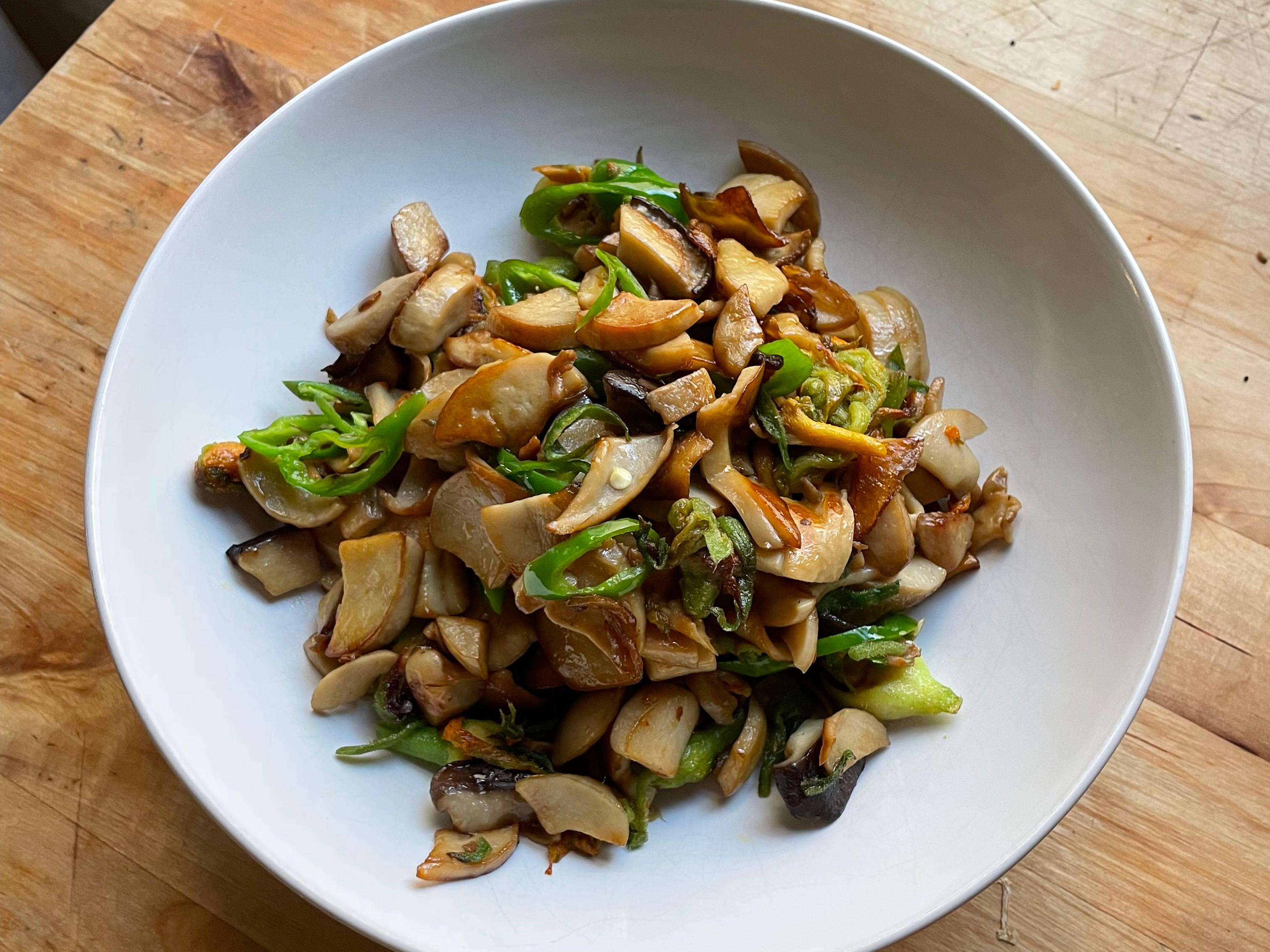 King Oyster Mushroom and Squash Blossom Stir Fry